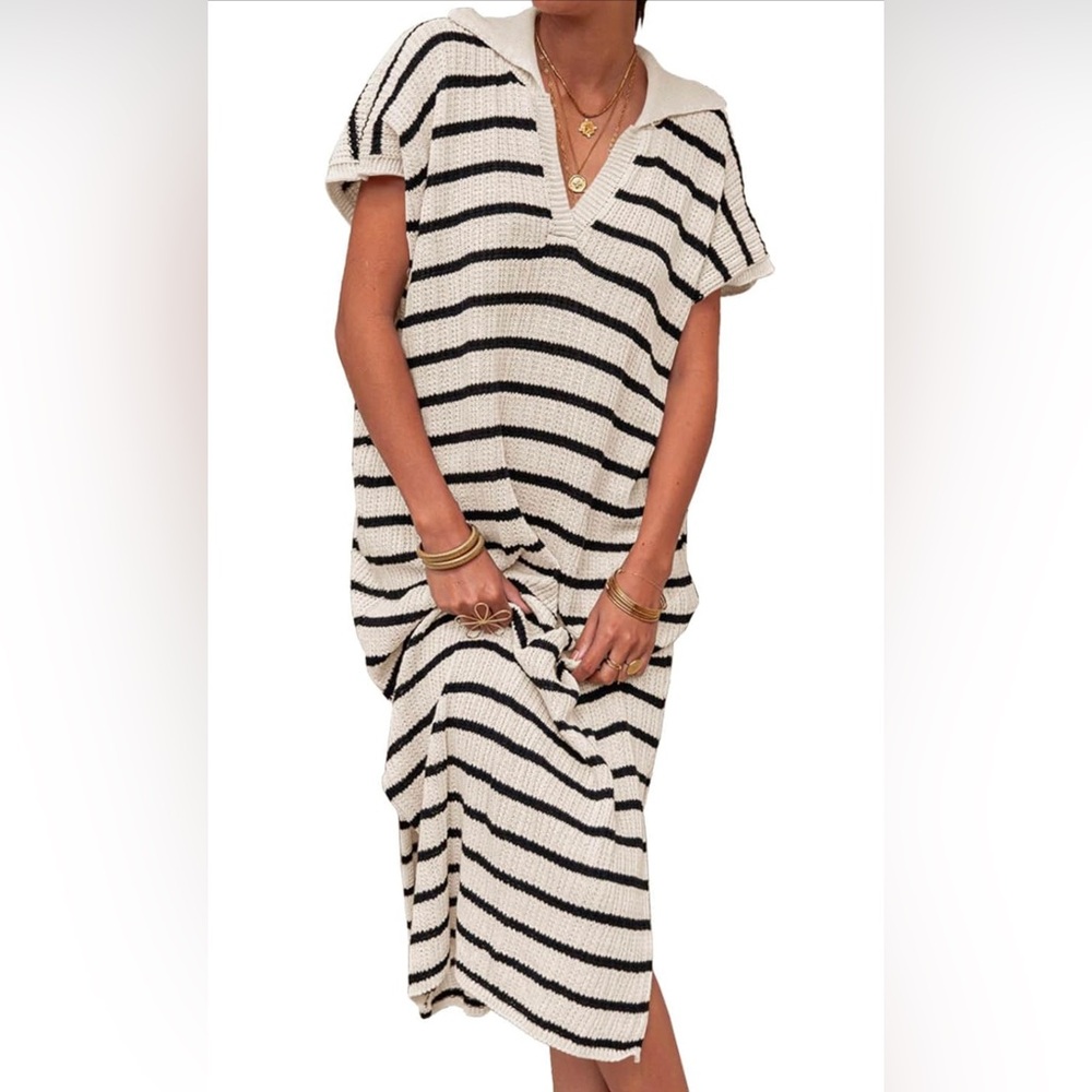 Womens Striped Dress-Short Sleeve V Neck Knit Collared Sexy Slit Dress